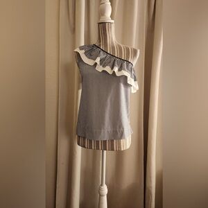 New J Crew blue and white poplin shirt one shoulder ruffle cold shoulder top
